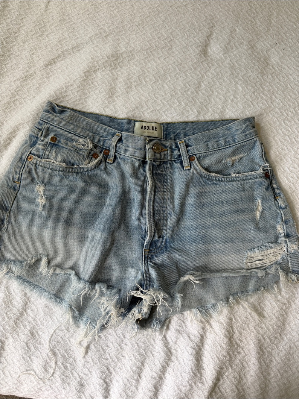 Agolde Light Wash Distressed Denim Cutoff Shorts